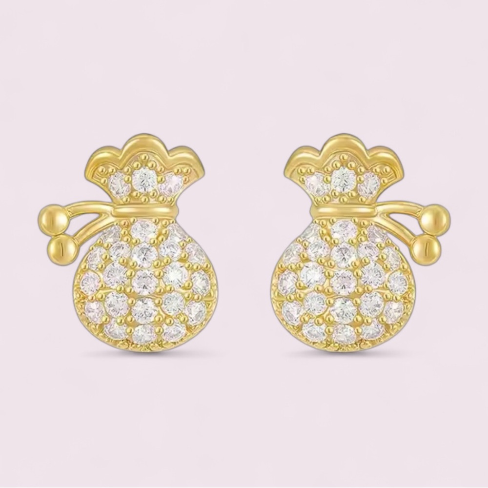 Adorable 14K Gold Vermeil 925 Sterling Money Lucky Bag Pave CZ Stud Earrings